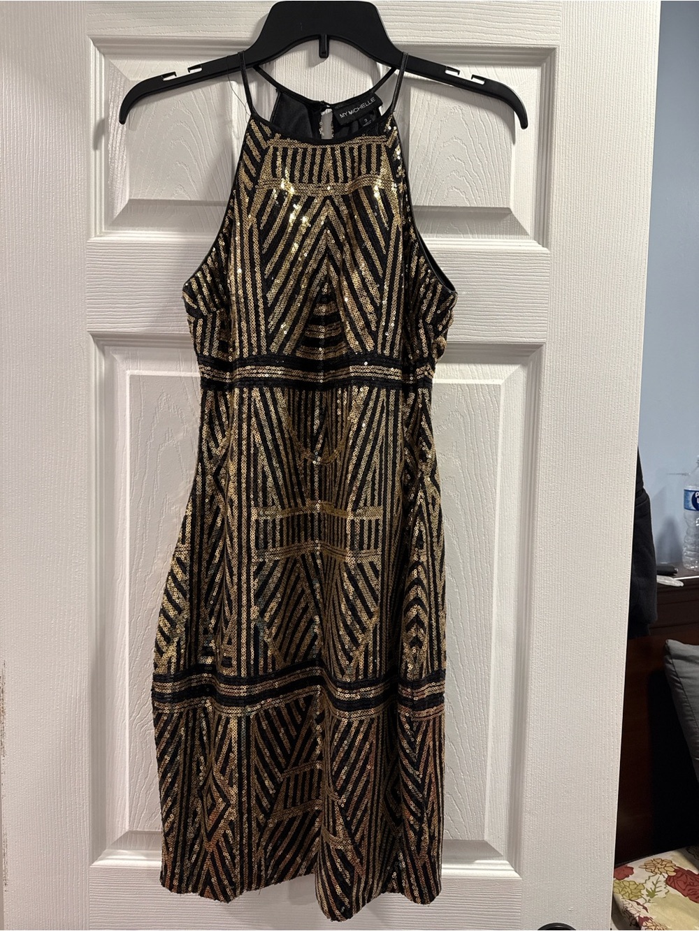 My Michelle Black and Gold Sequin Halter Midi Dress